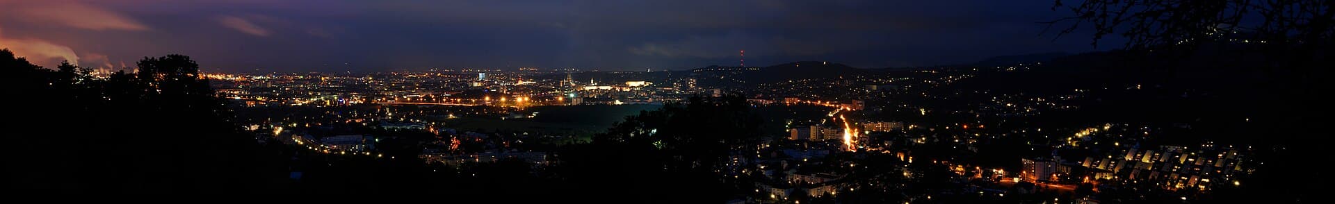 Panoramablick auf Linz an der Donau vom Magdalenaberg aus im Abendlicht